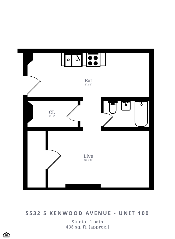 Floor plan for studio, 1 bath, 438 sqft